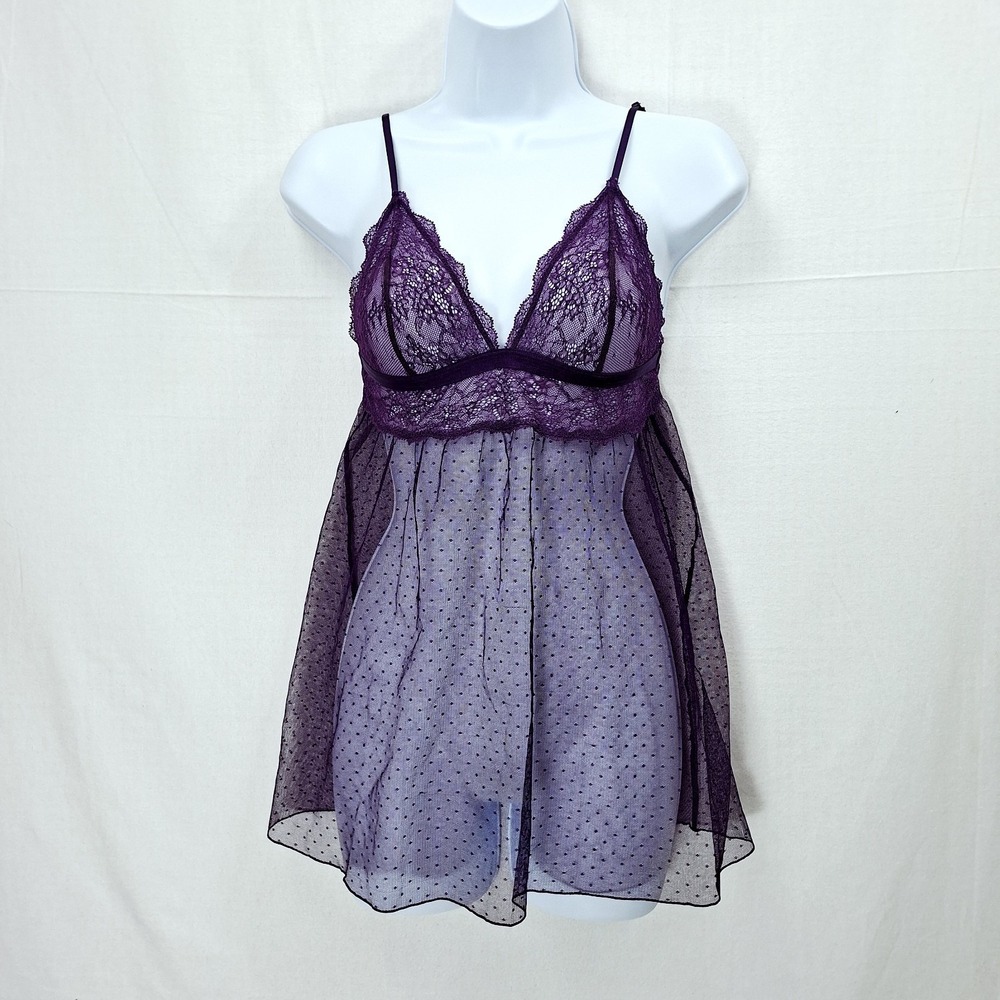 Victoria's Secret Slip Dress M Purple Babydoll Nightie Lace‎ Swiss Dot Mesh